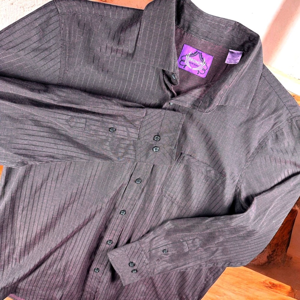 Bruno New York Button Up Shirt‎ Men L Long Sleeve Roll Tab Striped Textured Club